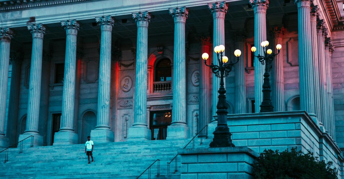 Captivating evening view of the South Carolina State House with grand columns and soft lighting