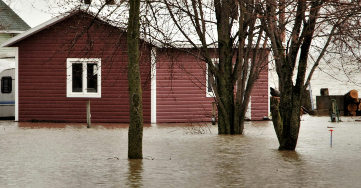 House and caravan surrounded by floodwaters among leafless trees in a natural setting.