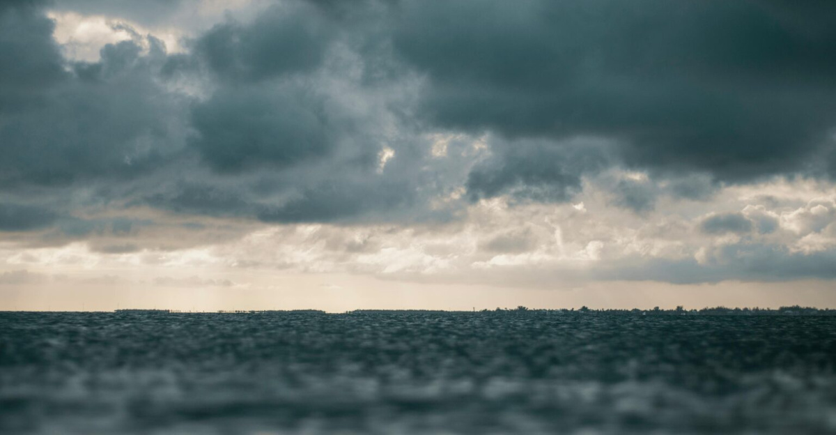 A captivating view of the ocean with dramatic dark clouds above, presenting a moody and dramatic seascape.