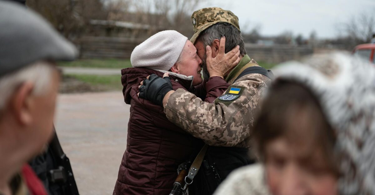 Heartfelt embrace in Makariv Ukraine capturing the emotional reunion