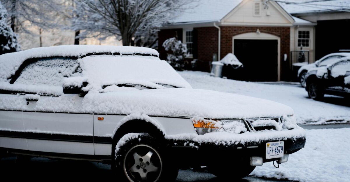 A parked white car covered in snow on a suburban street during winter