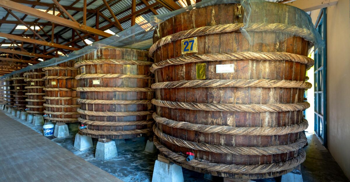 Row of massive wooden barrels in a storage facility with rustic interior