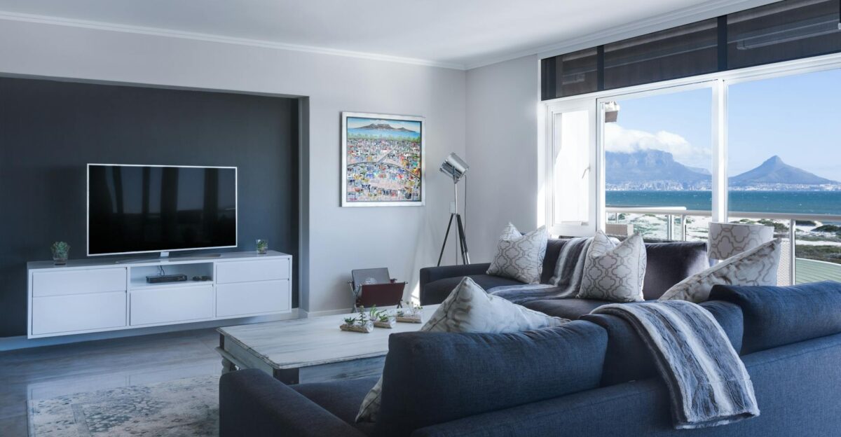 Stylish living room with a view of Table Mountain blending modern design with natural beauty