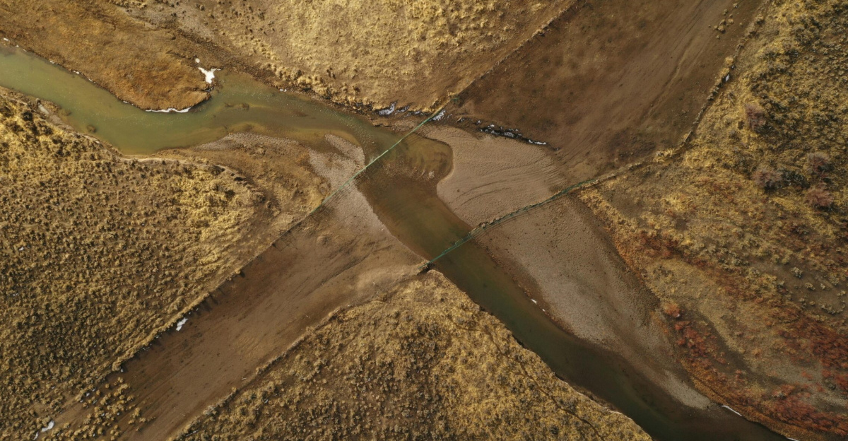 Drone capture of river and dry landscape in Halleck, Nevada.