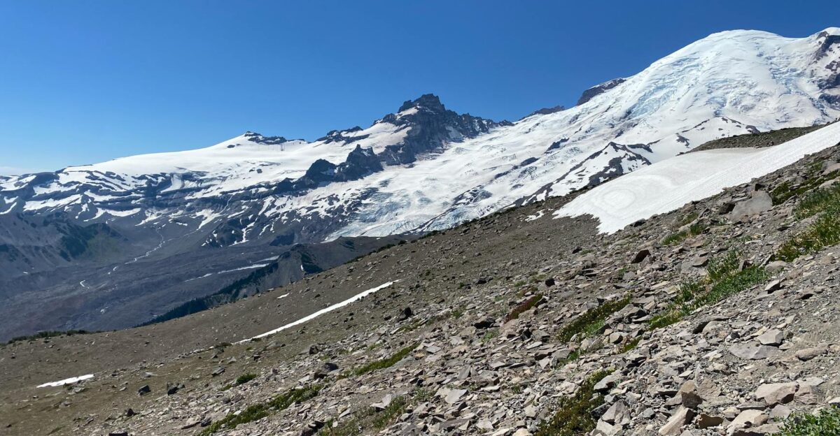 Expansive view of Mount Rainier with snow-capped peaks under a clear blue sky