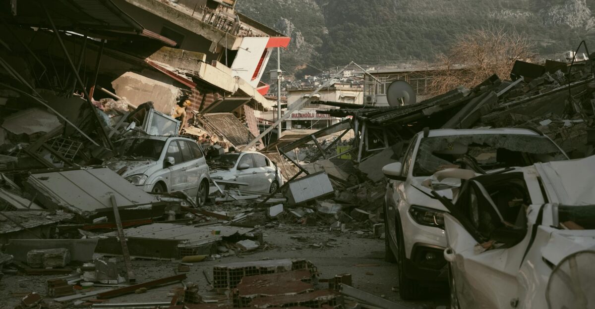 Severe earthquake damage in Antakya T rkiye with collapsed buildings and cars