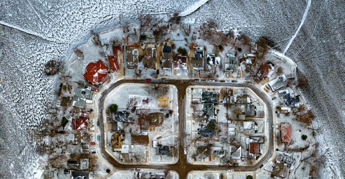 Frozen suburban area of Albert Lea MN captured from above in winter
