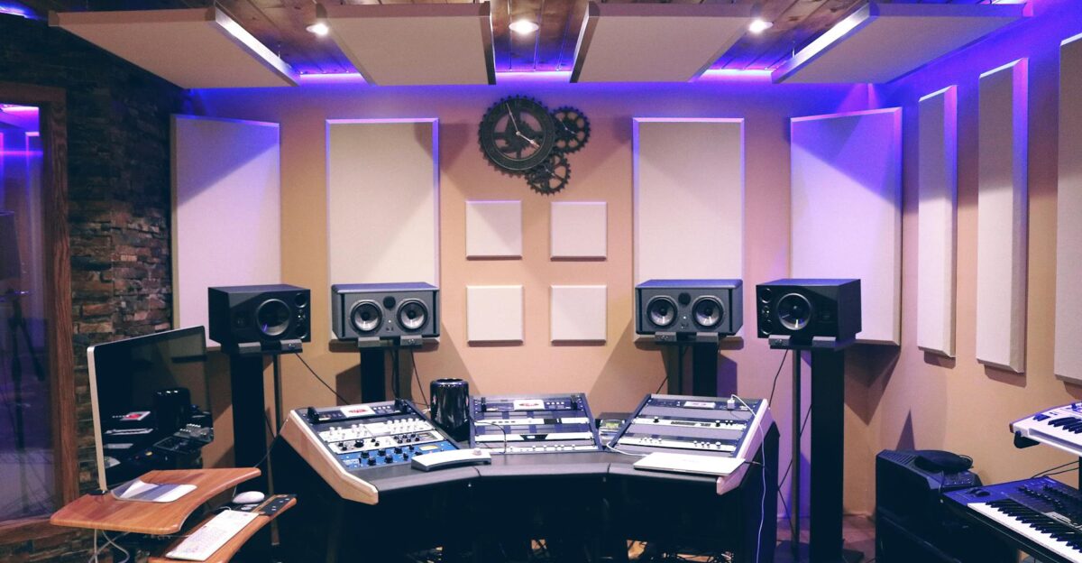 Modern recording studio with high-tech audio equipment and stylish lighting