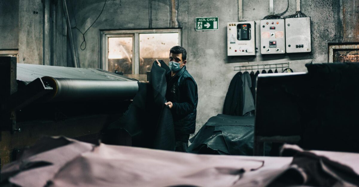 A worker in a tannery in Gerede Turkey processes leather in an industrial setting