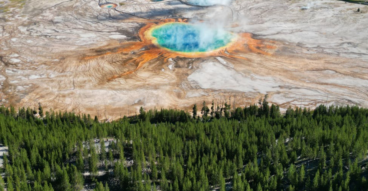 A breathtaking aerial view of Grand Prismatic Spring in Yellowstone National Park showcasing vibrant colors and geologic features