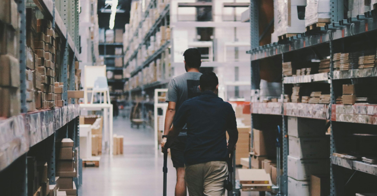 Two men maneuver a trolley in a large warehouse filled with boxes and shelves.