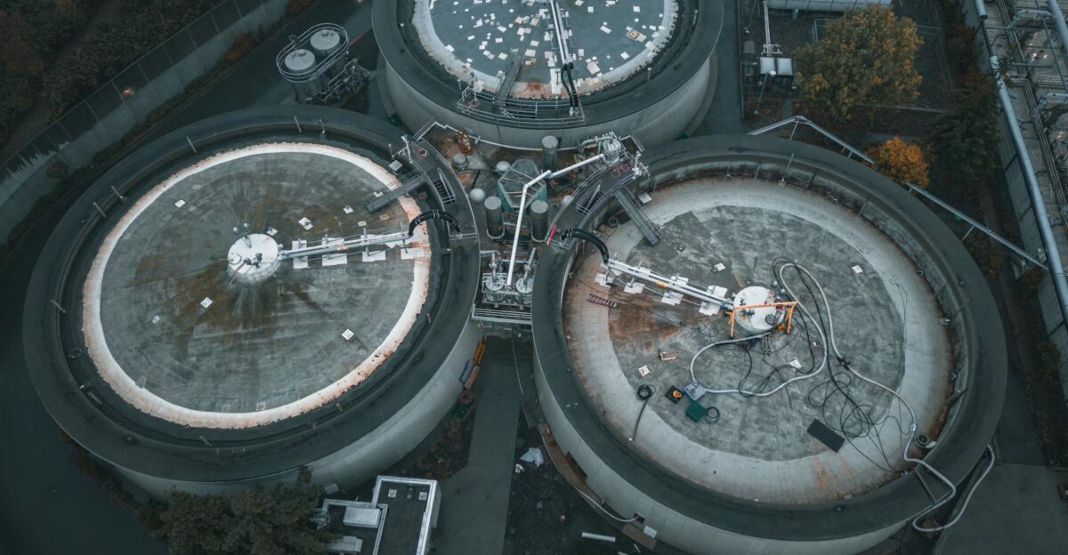 Drone shot of industrial tanks in Seattle highlights technology and engineering landscape