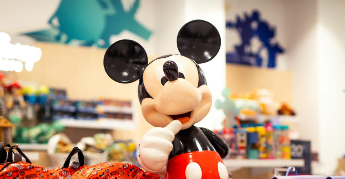 A vibrant retail display featuring Disney-themed merchandise with a prominent Mickey Mouse figure.