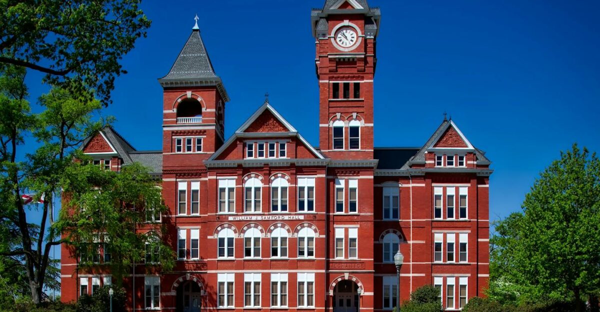 Front view of Samford Hall Auburn University with its iconic clock tower on a sunny day