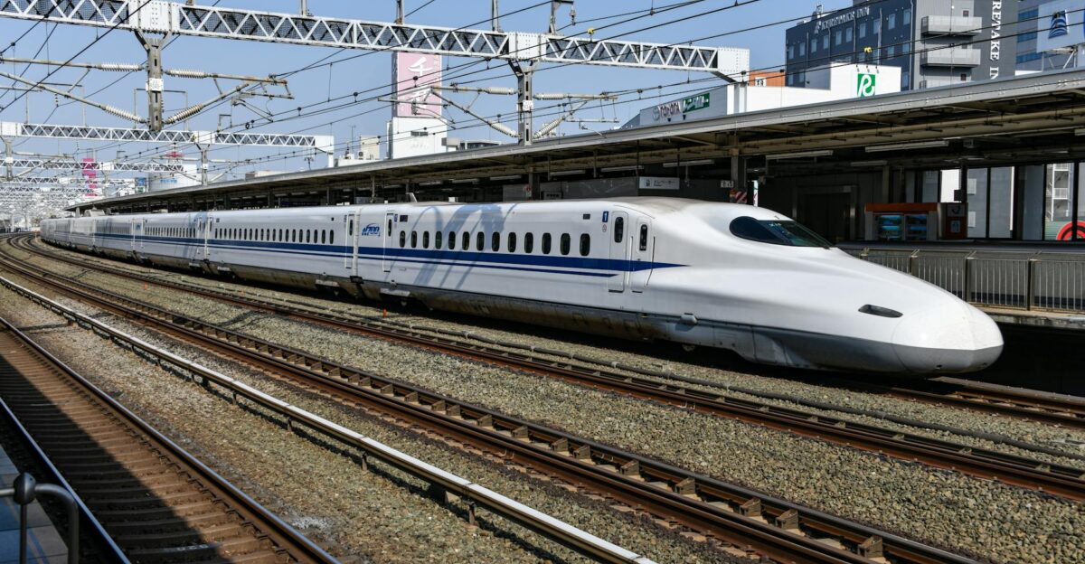 A high-speed bullet train at Hamamatsu Station in Shizuoka Japan showcasing modern rail transport