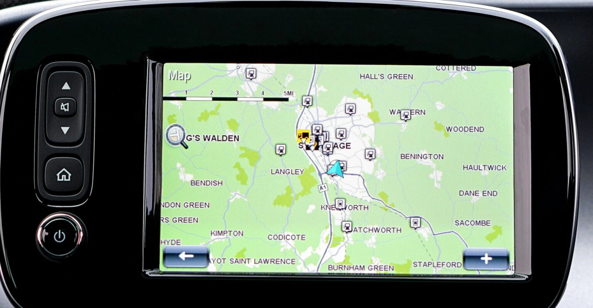 Close-up view of a modern car dashboard featuring a GPS map for navigation.