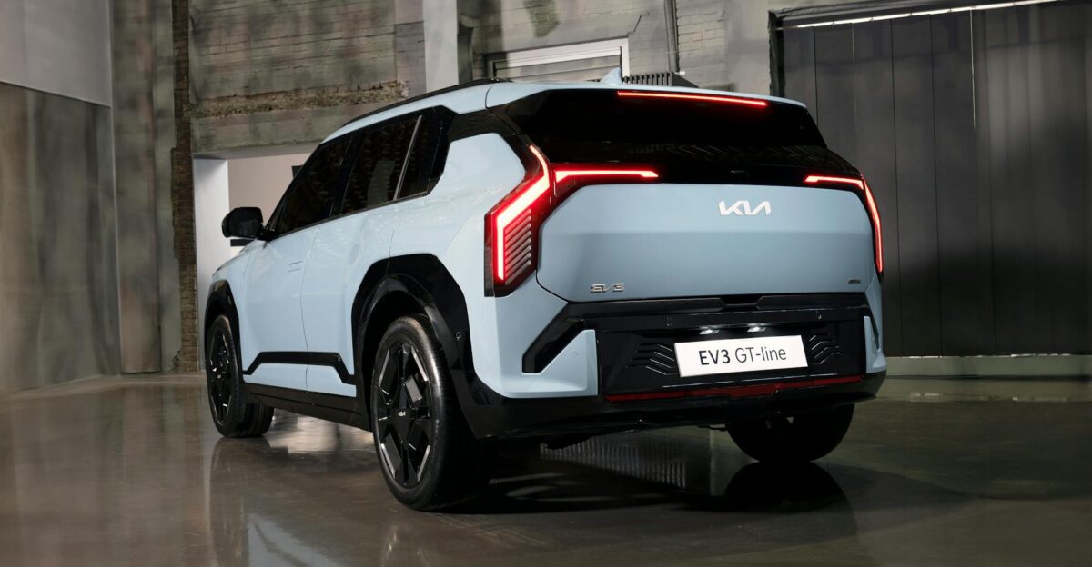 Sleek Kia EV3 GT-Line showcased in a modern interior setting highlighting its futuristic design