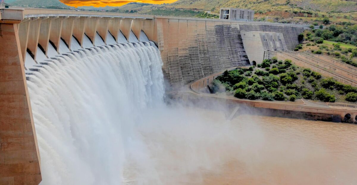 Scenic view of a large dam with cascading water and dramatic sunset skies