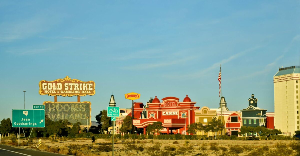 View of the Gold Strike Hotel and Casino in Las Vegas capturing vibrant architecture against a clear sky