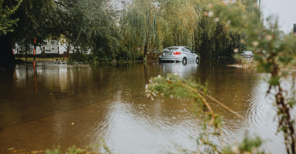 A car struggles through a flooded street surrounded by trees after a heavy rainstorm