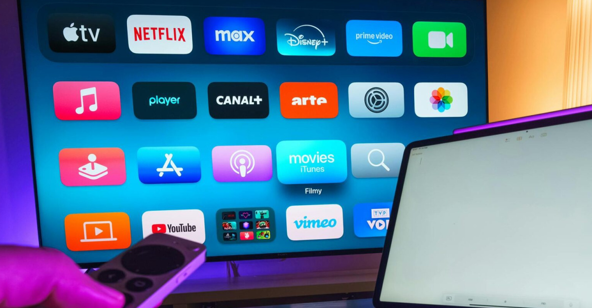 A cozy home setup featuring streaming services on smart TV, tablet, and smartphone.