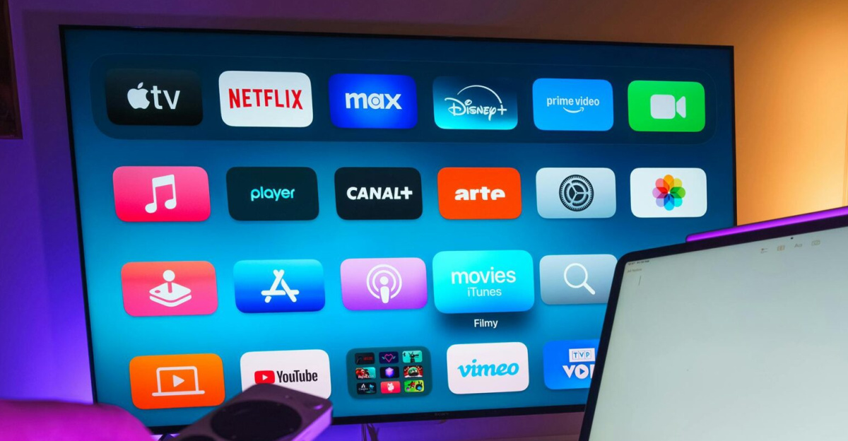 A cozy home setup featuring streaming services on smart TV, tablet, and smartphone.