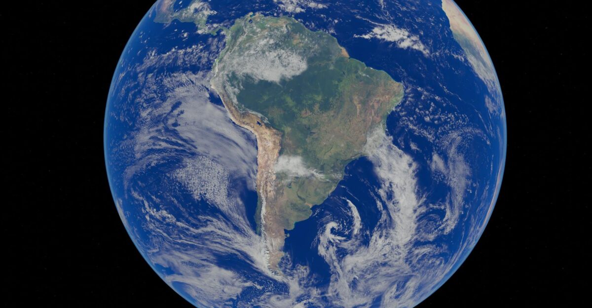 Stunning satellite image of Earth focusing on the South American continent with clear blue oceans visible
