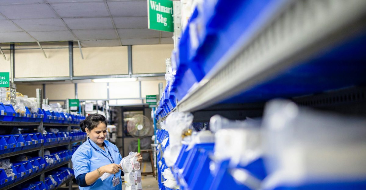 Female worker organizes shelves in a warehouse. Industrial setting with labeled storage bins.