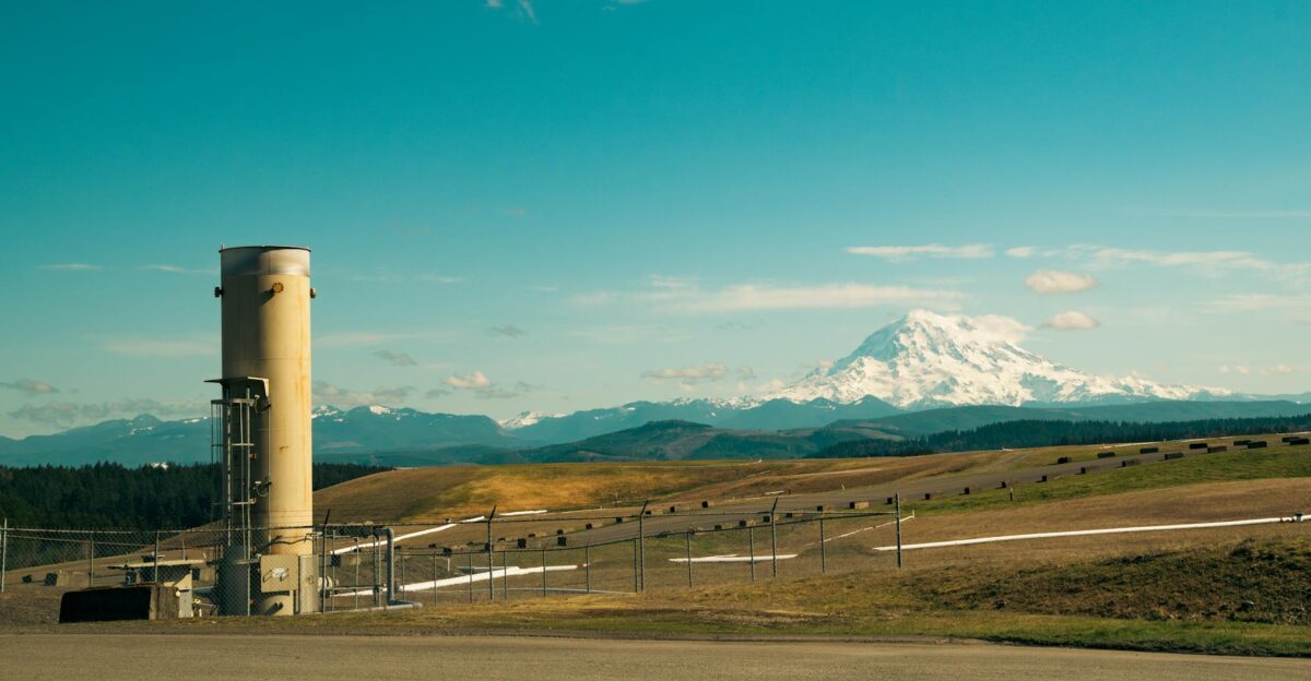 Scenic view of Mount Rainier from Puyallup Washington industrial foreground