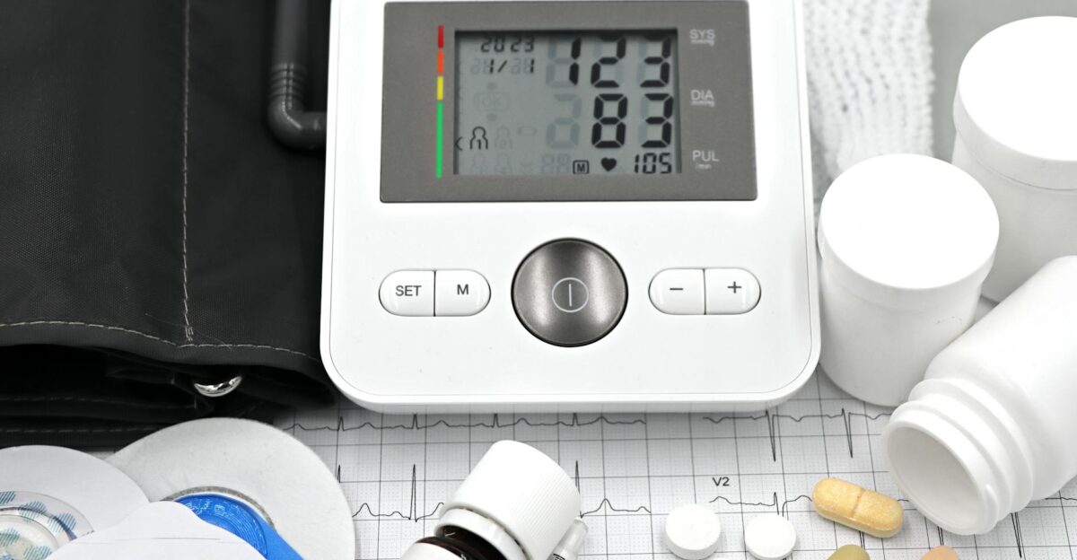 Close-up of medical equipment including blood pressure monitor pills and ECG printout