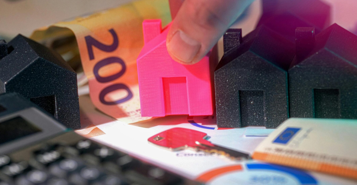 Miniature houses, Euro bills, and calculator representing real estate investment.