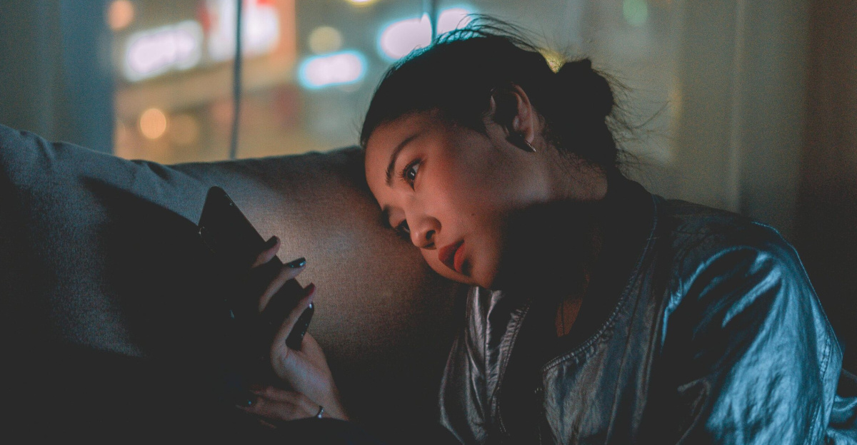 A woman looking at her mobile phone at night with city lights blurred in the background.
