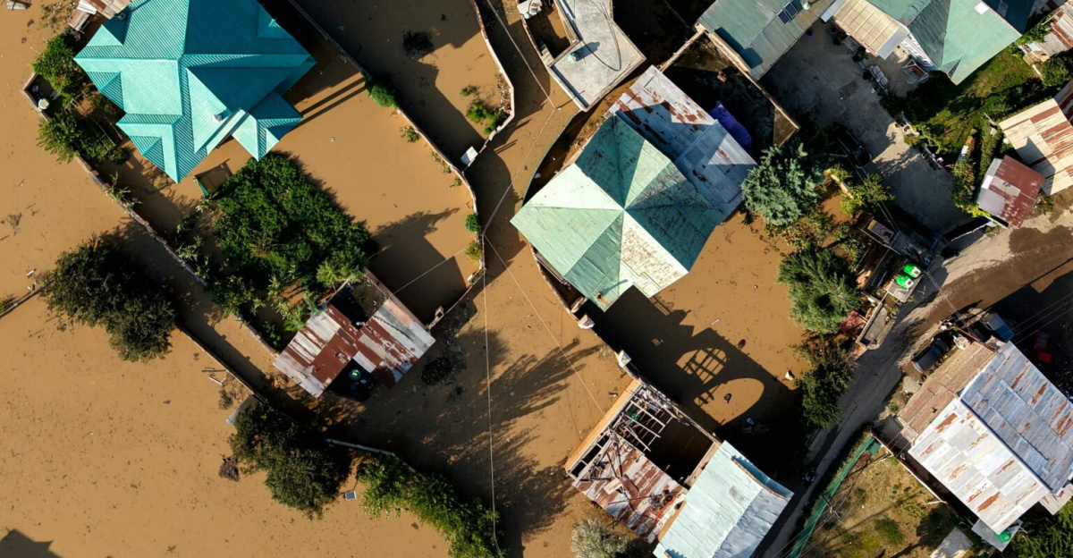 Drone photo capturing flooding in a residential area in Kashmir.