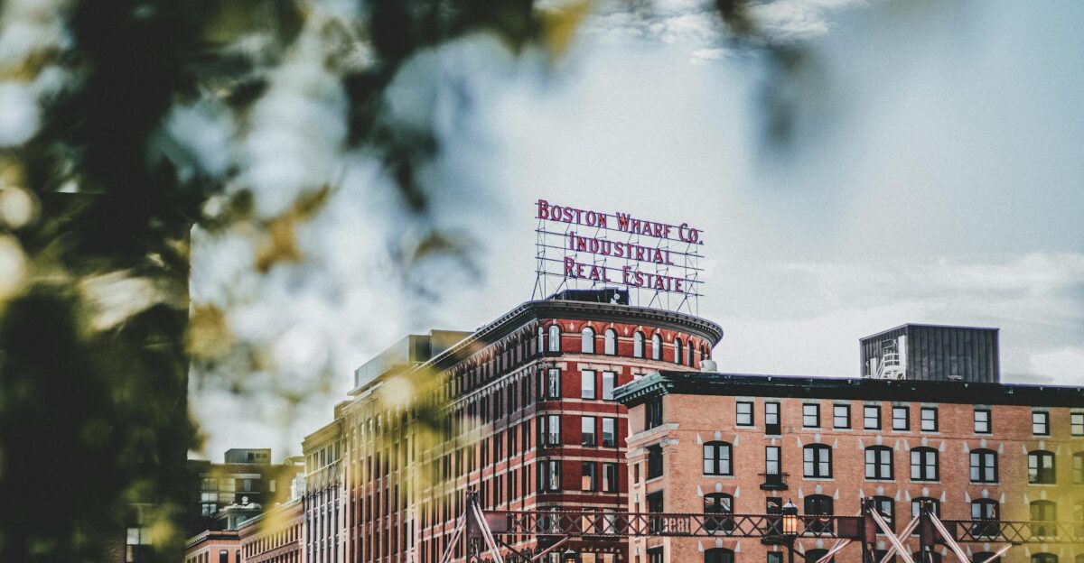 Iconic Boston Wharf Co building showcasing industrial architecture under a clear sky