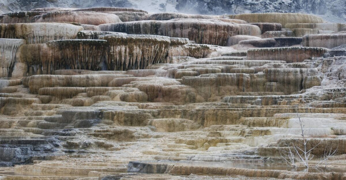 Stunning view of Mammoth Hot Springs terraces showcasing unique travertine formations and natural beauty