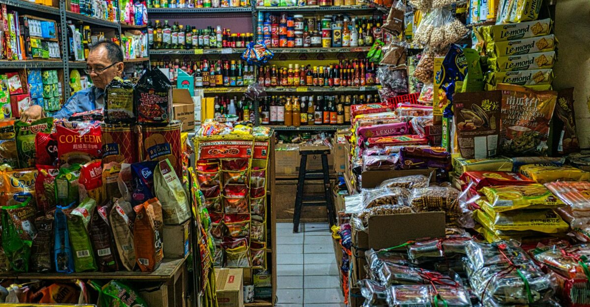 Bustling Banten market stall with diverse products and local merchant