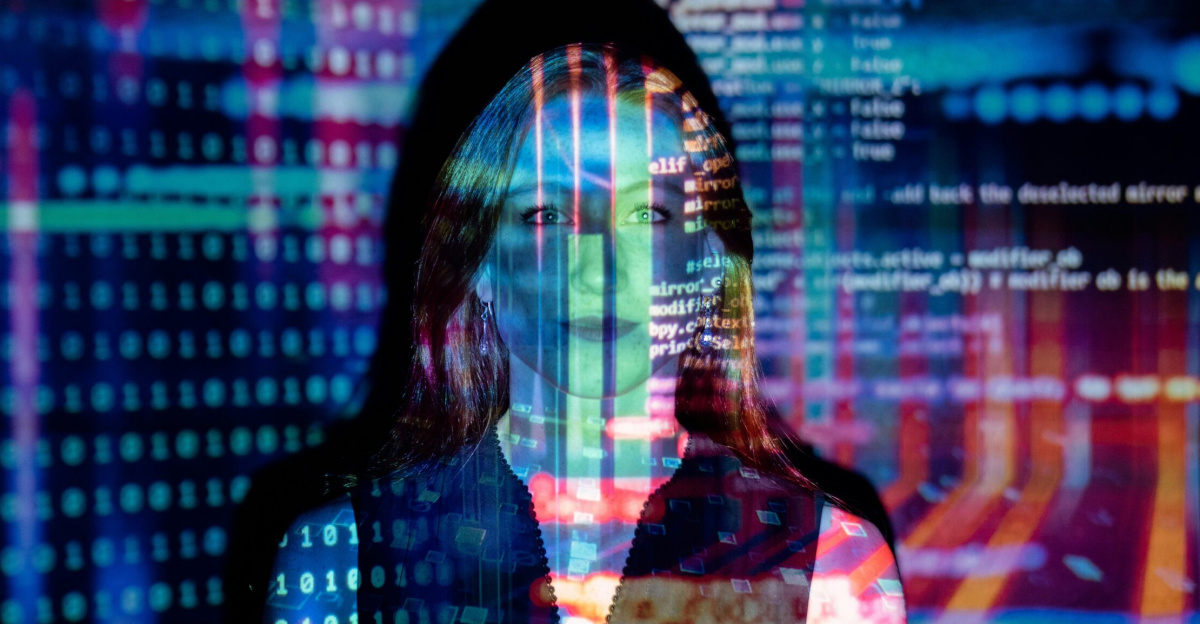 A woman with digital code projections on her face, representing technology and future concepts.