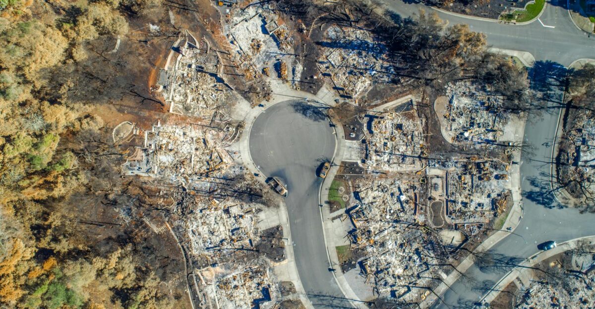 Aerial view of Santa Rosa neighborhood devastated by Tubbs Fire Burned homes visible