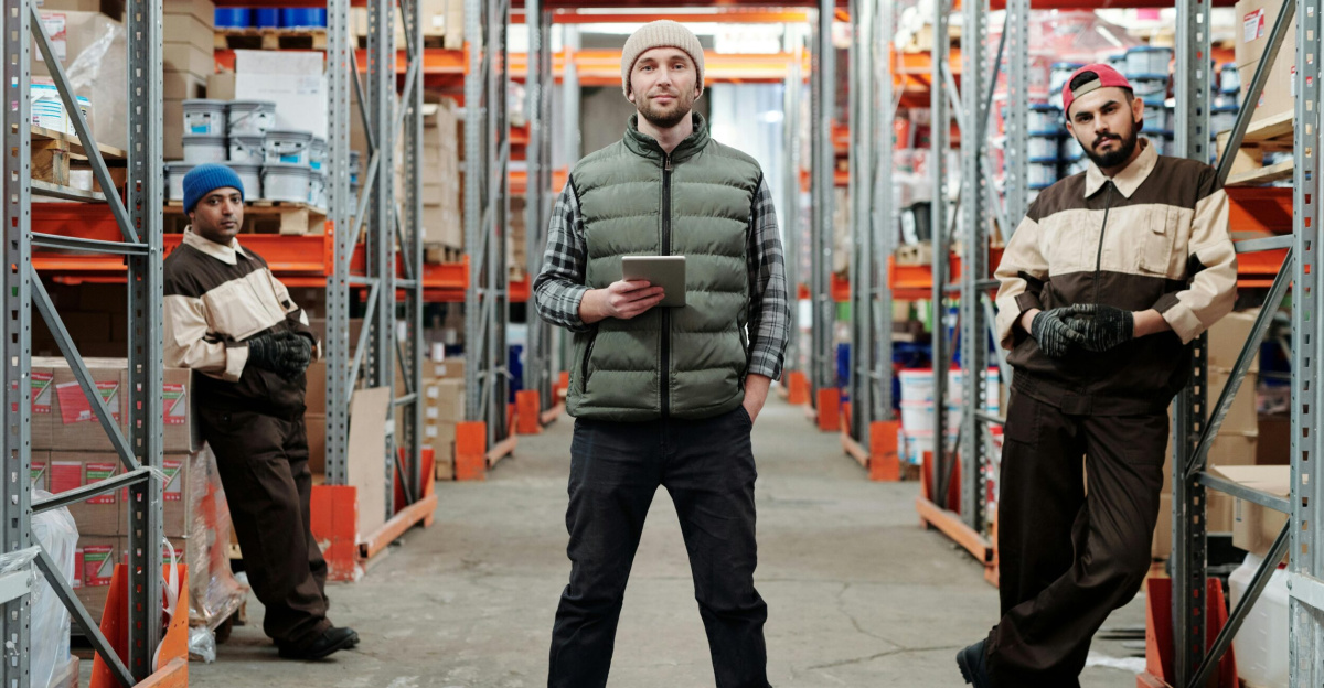 Three men in a warehouse standing among shelves with inventory.