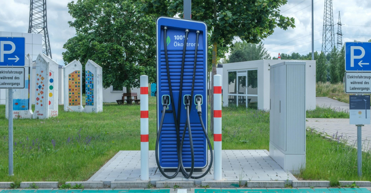 Public charging station with eco-friendly design for electric vehicles.