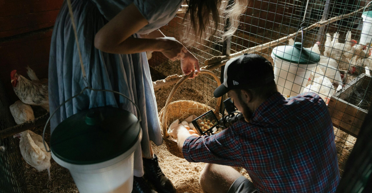 A farmer and assistant gathering eggs in a rustic chicken coop on a rural farm.