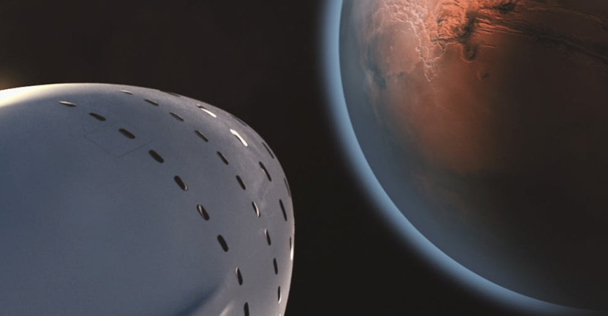 A detailed view of a spaceship approaching Mars, highlighting interplanetary exploration.