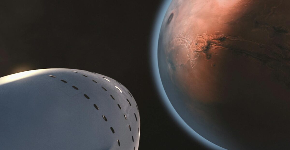 A detailed view of a spaceship approaching Mars highlighting interplanetary exploration