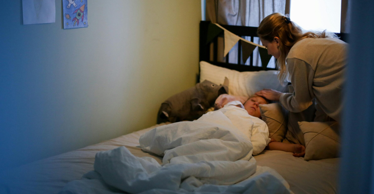 A mother caring for her sick child in a cozy bedroom setting, emphasizing love and comfort.