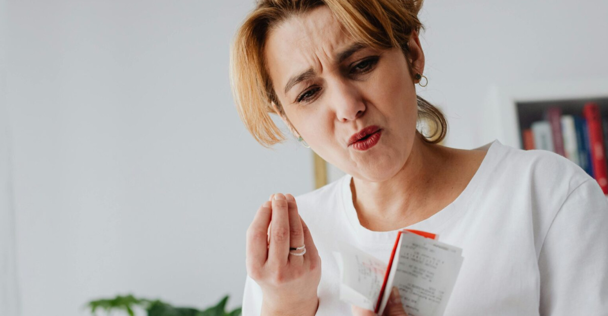 A concerned woman reviews her finances while holding receipts, showing a worried expression.
