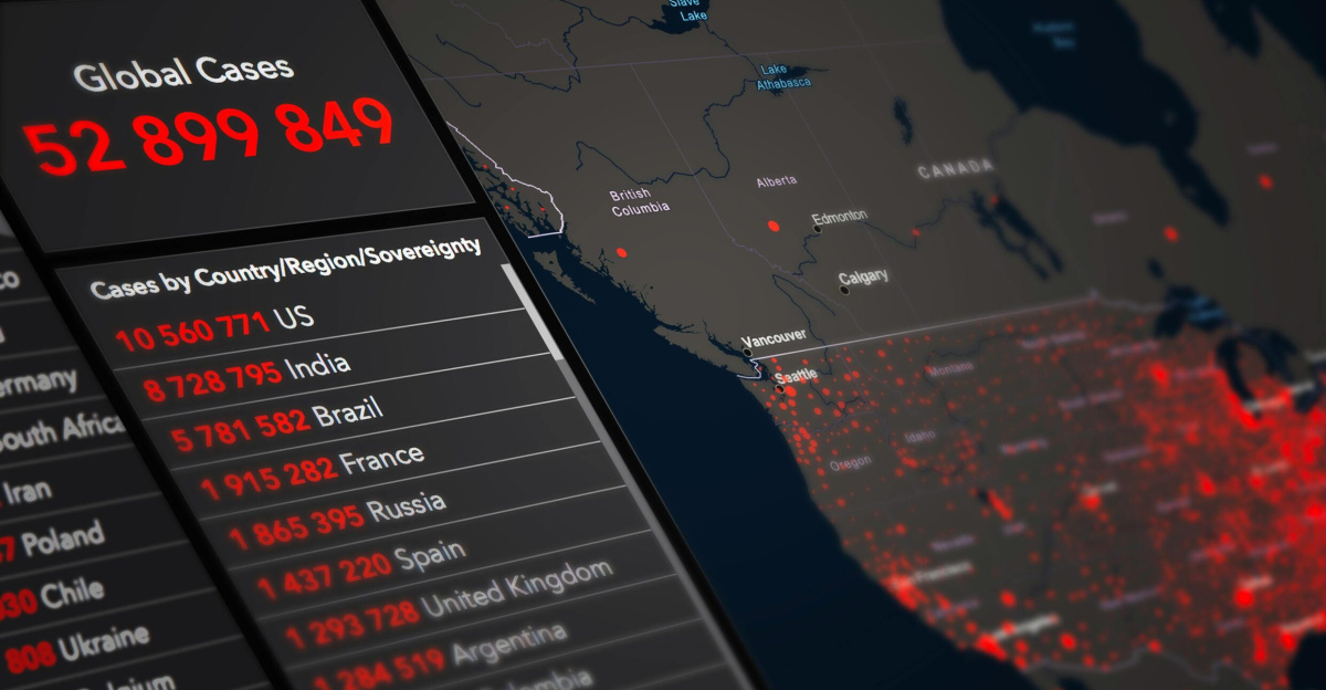 Digital monitor with World map and COVID 19 statistical data of global confirmed cases