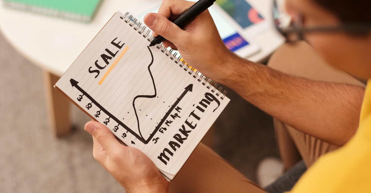 Close-up of a man drawing a marketing strategy graph in a notebook.