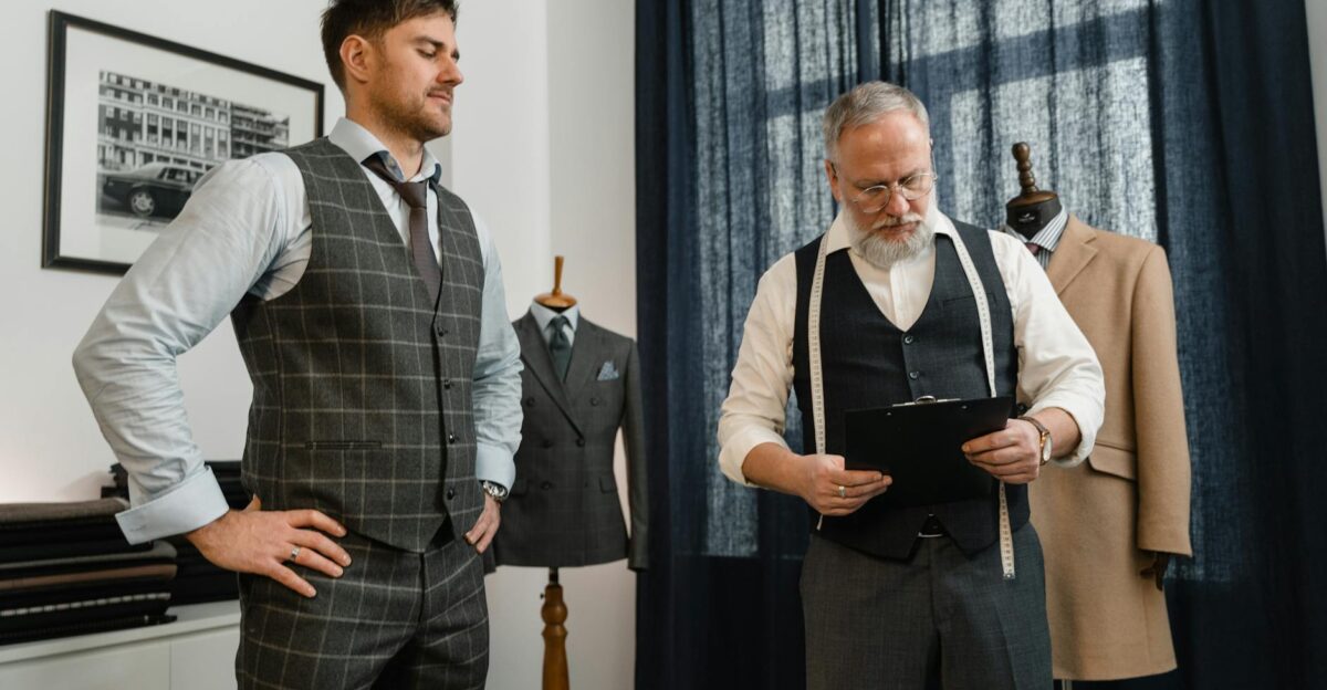 Tailor fitting a bespoke suit for a client in a modern fashion workshop setting