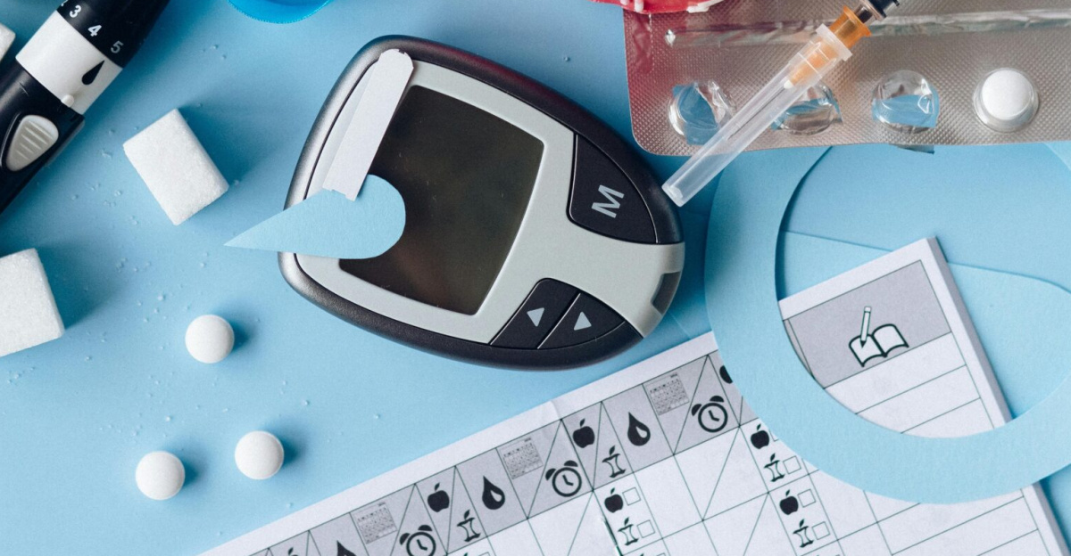 Still life image of diabetes management equipment, sweets, and medication arranged artfully on a blue background.