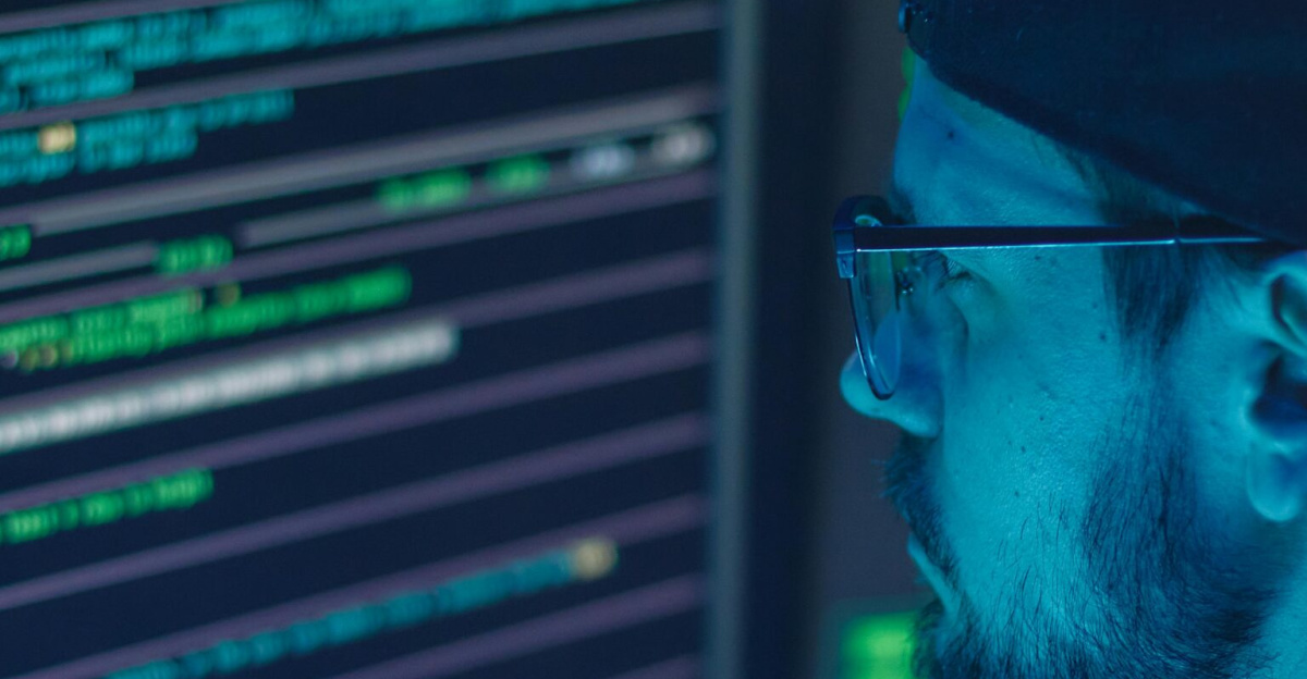 A cybersecurity expert inspecting lines of code on multiple monitors in a dimly lit office.
